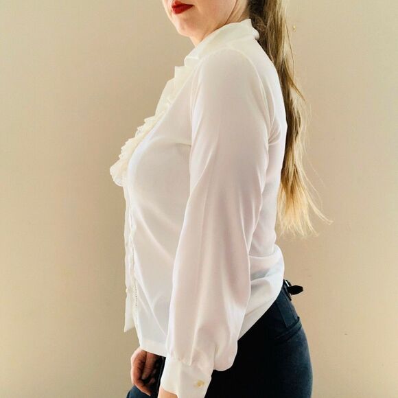 Vintage 1970s White‎ Ruffle Button Down Shirt - Picture 3 of 4